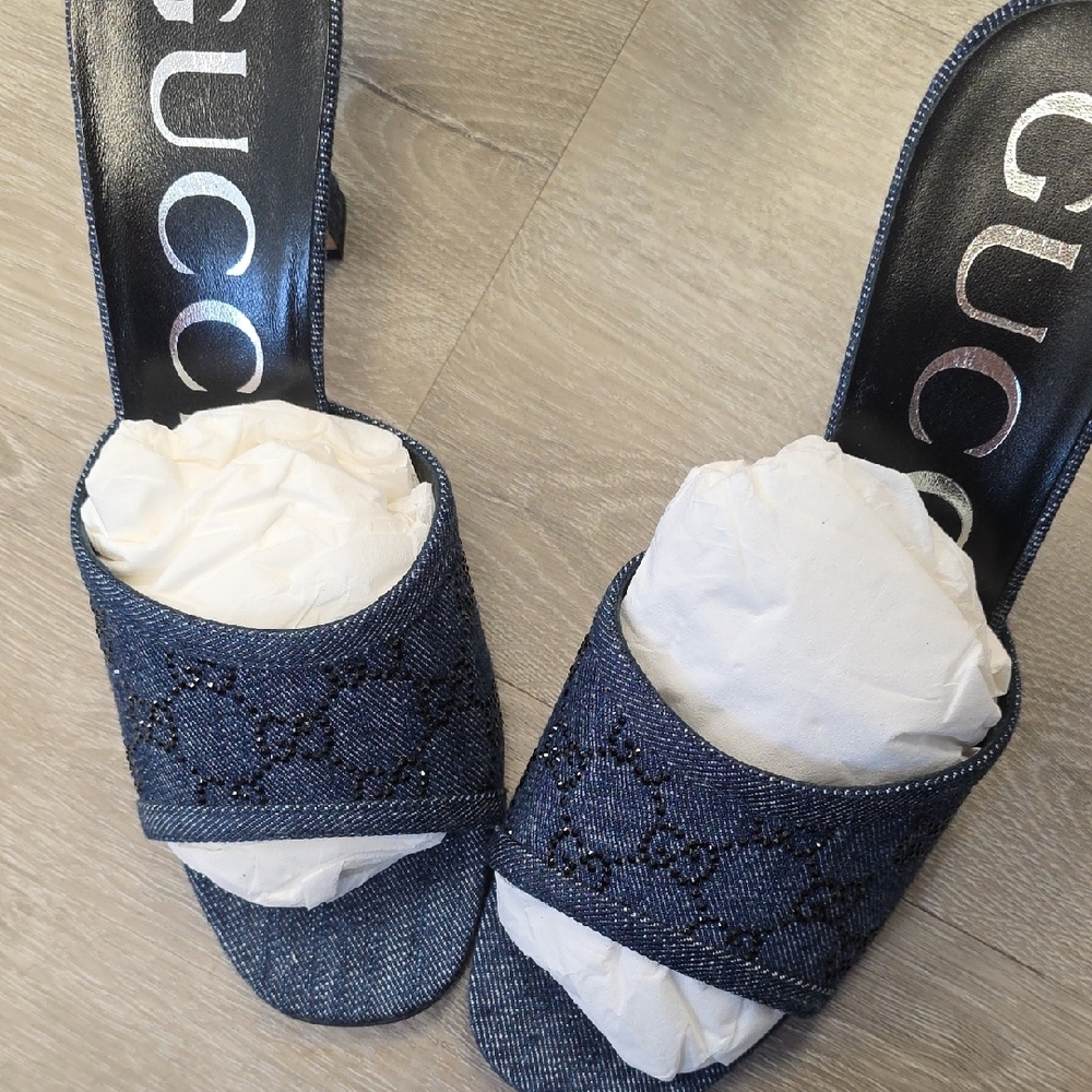 Gucci Women's Denim Blue Heels Black Sparkle - Picture 2 of 6